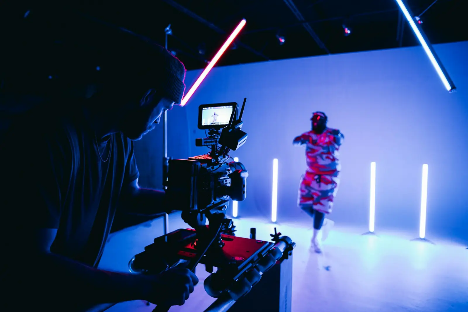 Professional video camera and lighting rig on a production set
