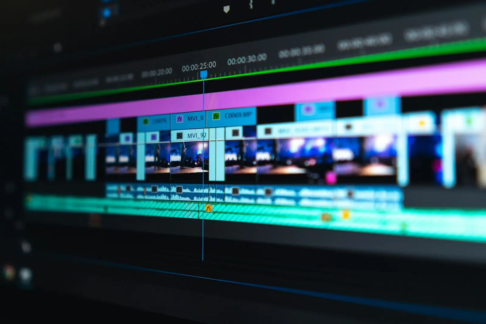 Cinematic edit timeline open on a production workstation
