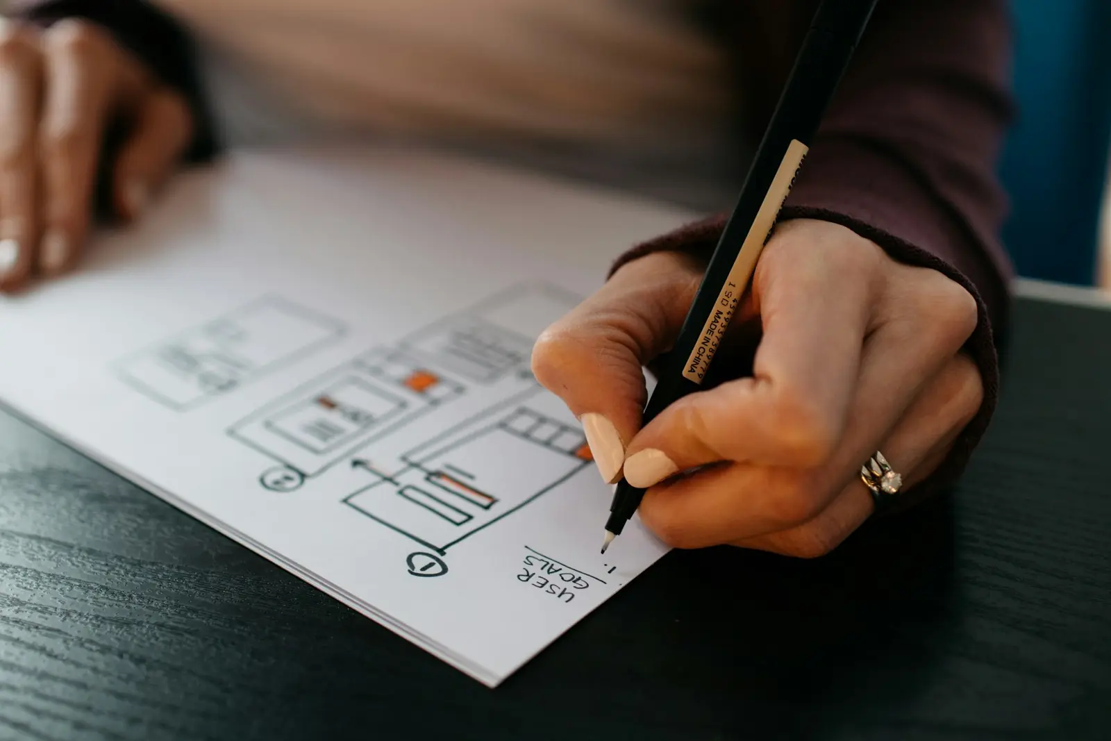 Designer sketching website wireframes and page structure on paper